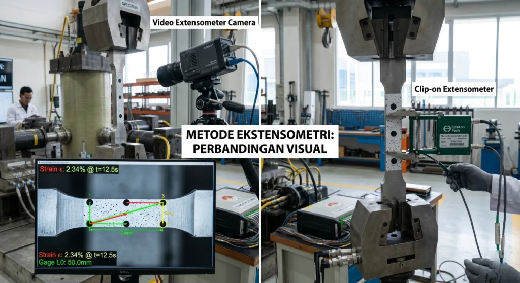 Perbandingan teknologi video extensometer dan clip-on untuk laboratorium material