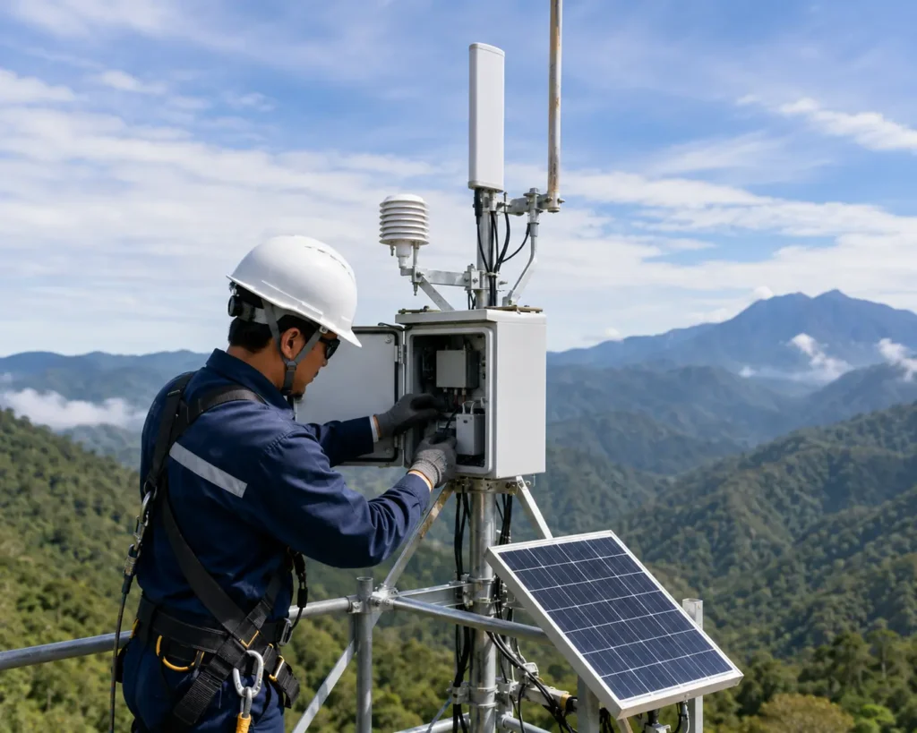 Petugas teknisi sedang memeriksa atau memasang panel surya kecil dan peralatan telekomunikasi