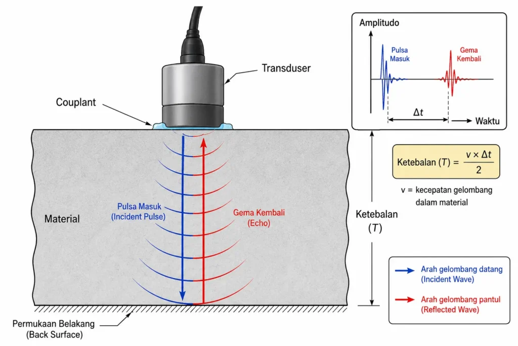 Diagram Prinsip Kerja Ultrasonic Testing (UT) untuk Pengukuran Ketebalan Material