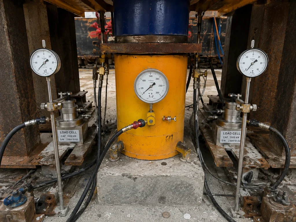 Close-up instrumen monitoring seperti dial gauge dan load cell yang terpasang pada setup uji beban. 