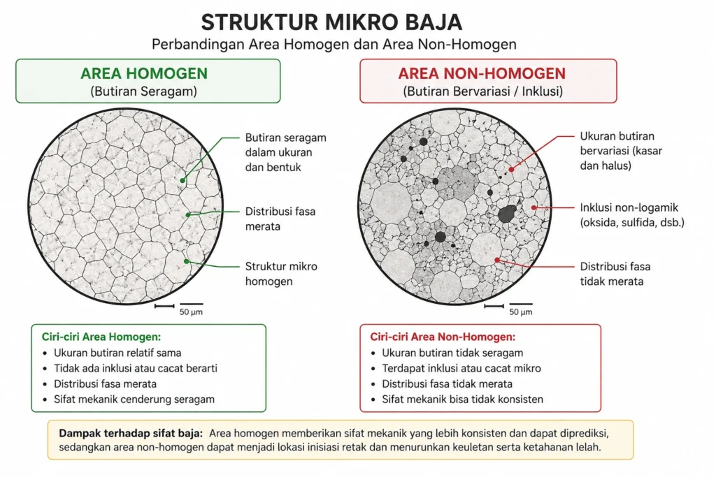 Diagram struktur mikro baja yang menunjukkan area