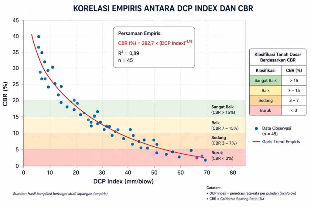 Grafik korelasi empiris antara DCP Index (mmblow) pada sumbu X dan nilai CBR (%) pada sumbu