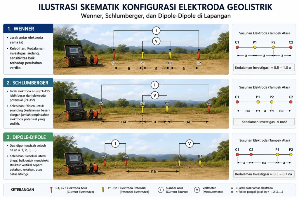 Ilustrasi skematik konfigurasi elektroda geolistrik Wenner, Schlumberger, dan Dipole-Dipole di lapangan