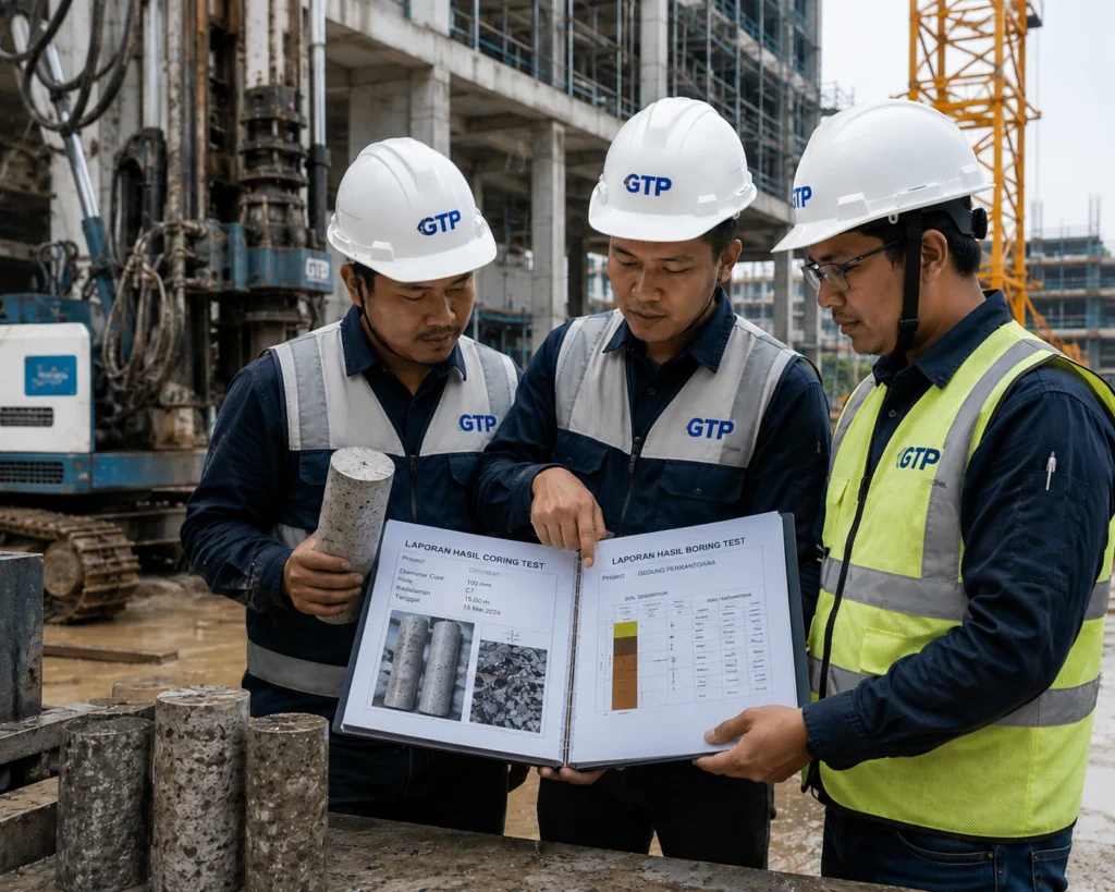 Tim teknisi konstruksi sedang berdiskusi di lokasi proyek, memegang laporan hasil coring dan boring test