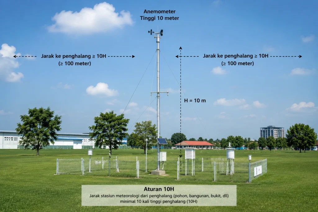 Anemometer BMKG di tiang 10 meter di lapangan terbuka, stasiun cuaca