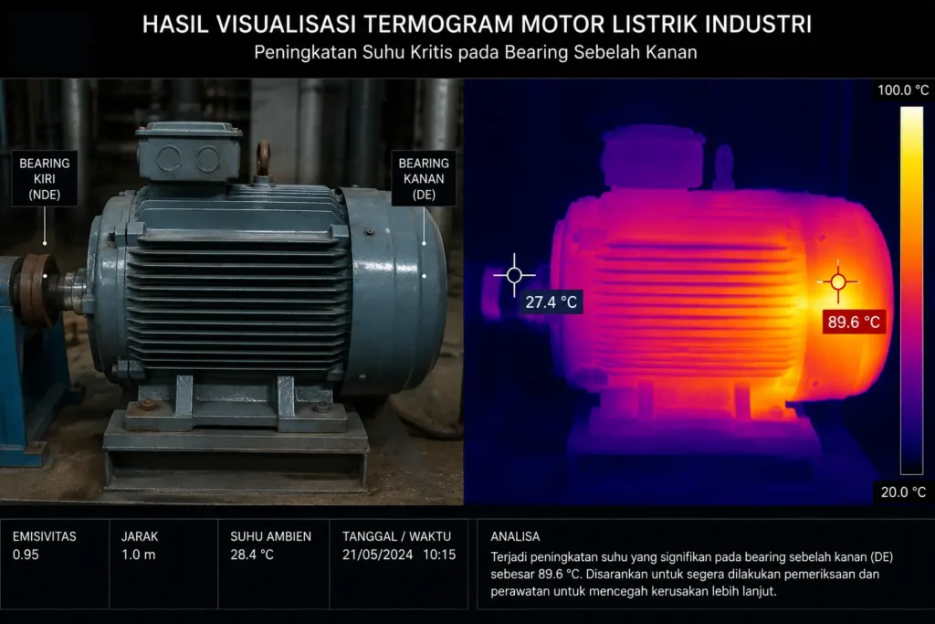 Hasil visualisasi termogram dari motor listrik industri yang menunjukkan peningkatan suhu kritis pada bagian bearing sebelah kanan.