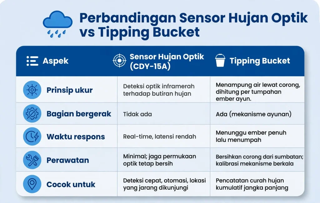 Perbandingan Sensor Hujan Optik vs Tipping Bucket_